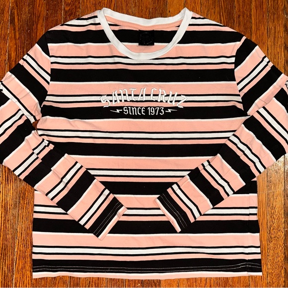 Santa Cruz Women’s Medium Pink Black Stripe Skateboards Crop Long Sleeve Shirt - Picture 1 of 6